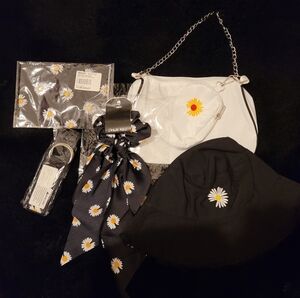 Dolls Kill Daisy Handbag, Bucket Hat, Belt, And Accessories - Black and White